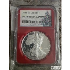 귀한 2018-W 아메리칸 실버 이글 프루프(Proof) 은화 한정판 크리스마스 라벨 NGC 70등급